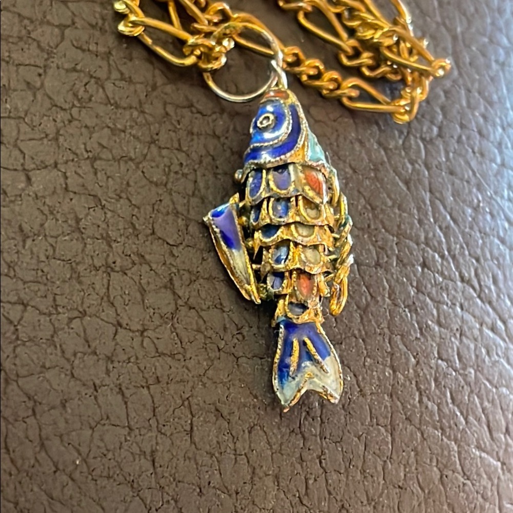 Gold and Blue enamel Fish Pendant Necklace
